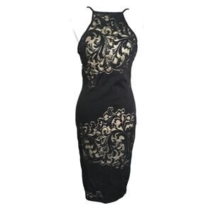 Vtg Whimsigoth chic black lace nude halter midi dress USA Christmas holiday chic